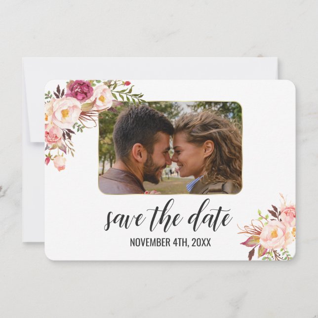 Save The Date Glam Gold Blush Pink Floral Photo Enregistrer La D (Devant)