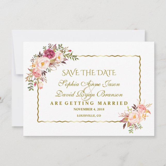Save The Date Glam Gold Blush Rose Floral Enregistrer La Date (Devant)