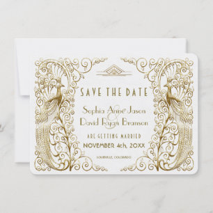 Save The Date Glam White Gold Art Déco Peacocks Enregistrer La D