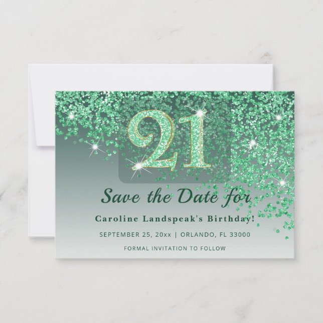 Save The Date Glamorous 21st Birthday Emerald Green Frosted (Devant)