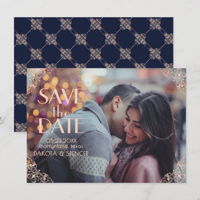 Save The Date Glamour Art déco | Marine Blue Rose Gold Ornamenta (Devant / Derrière)