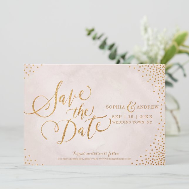 Save The Date Glamour rose gold calligraphie faire part de date (Debout devant)