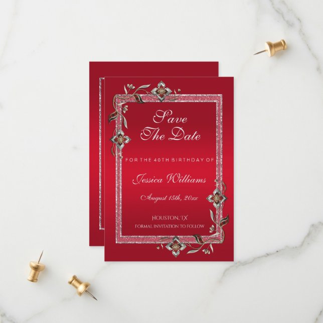 Save The Date Glamour Ruby Red Gems & Parties scintillant Annive (Devant/Arrière en situation)
