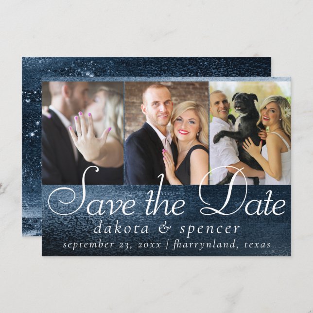 Save The Date Glitzy Foil | Marine Blue Dark Faux Parties scinti (Devant / Derrière)