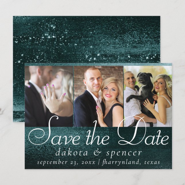 Save The Date Glitzy Foil | Minuit Turquoise Faux Metallic 3 Pho (Devant / Derrière)