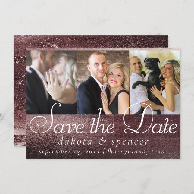 Save The Date Glitzy Foil | Rose Gold Mauve Blush Glam 3 Photo (Devant / Derrière)