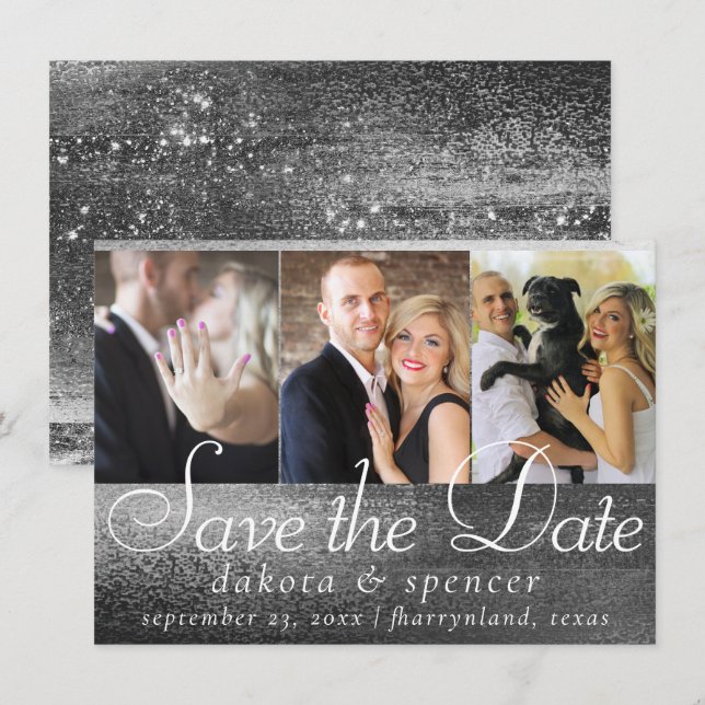 Save The Date Glitzy Foil | Silver Platinum Faux Chrome 3 Photo (Devant / Derrière)