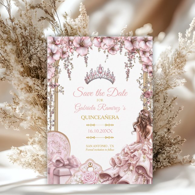 Save The Date Gold and Blush Pink Tiara Floral Quinceañera (Créateur téléchargé)