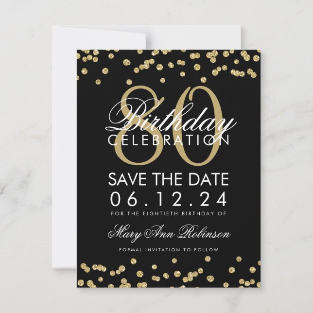 Save The Date Gold Black 80th Birthday Save Date Confetti (Devant)