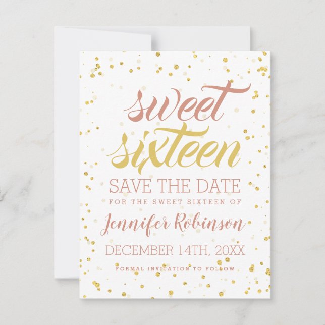 Save The Date Gold & Blush Sweet 16 Date de sauvegarde Sparkle C (Devant)