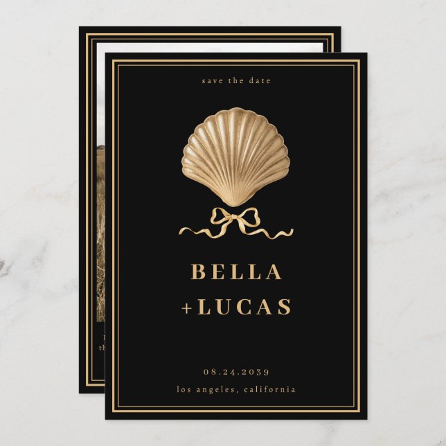 Save The Date Gold Bow Seashell Luxury Coastal Mariage (Devant / Derrière)