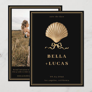 Save The Date Gold Bow Seashell Luxury Coastal Mariage