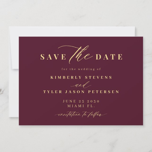 Save The Date Gold burgundy QR code simple elegant wedding  (Devant)