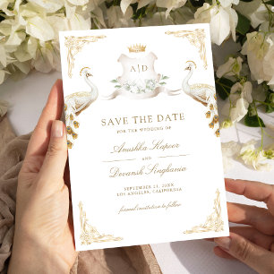 Save The Date Gold Crest Royal Indian White Peacock Mariage