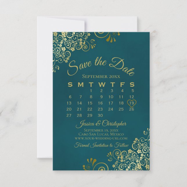 Save The Date Gold Curls & Swirls Elegant Teal Wedding Calendar (Devant)