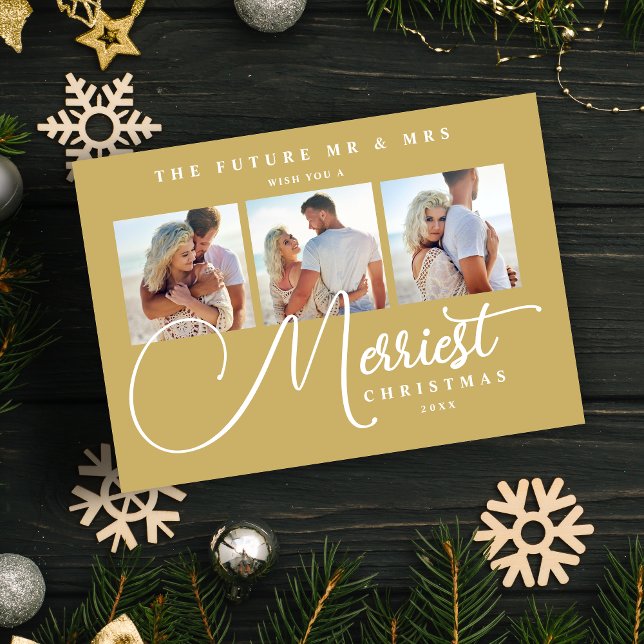 Save The Date Gold Exquisite Modern Wedding Christmas 3 Photos (Exquisite Modern Wedding Christmas 3 Photos in Fake Gold Holiday Card as a Save the Date Card.)