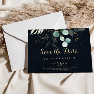 Save The Date Gold Floral Calligraphie Bleu Mariage horizontal