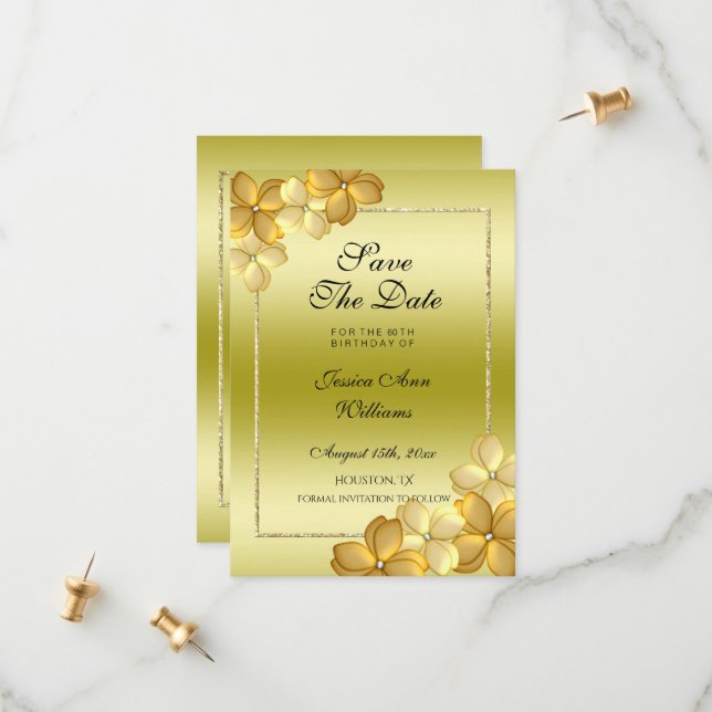 Save The Date Gold Floral Décoration & Parties scintillant 60e a (Devant/Arrière en situation)