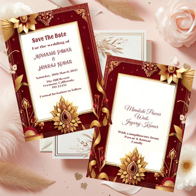 Save The Date Gold Floral Motif Asymétrique Grand Mariage Indien (Gold Floral Motif Asymmetric Grand Indian Wedding Save The Date)