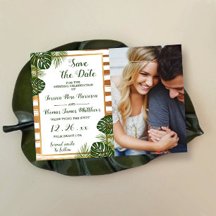 Save The Date Gold Foil & Green Palm Leaf Beach Mariage Photo