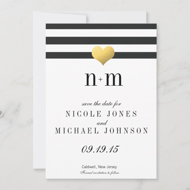 Save The Date Gold Foil Heart + Stripes Enregistrer les dates (Devant)