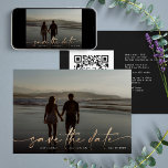 Save The Date Gold Foil Onyx Black Modern Photo QR Code<br><div class="desc">Beautiful calligraphy lettering in yellow faux gold to overlay your photo save the date card. This is beautiful typography on a full bleed one card photo with white lettering. It includes a light gradient overlay if your photo needs it behind the text. You can keep or delete the soft gradient...</div>