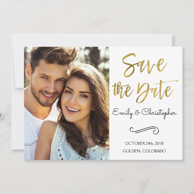 Save The Date Gold Foil Script Wedding Enregistrer la photo Date (Devant)