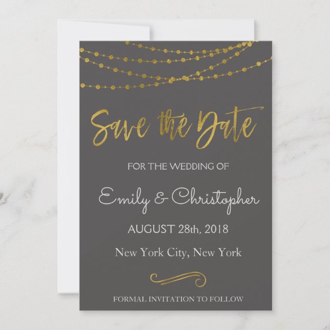 Save The Date Gold Foil String Lights et Script Enregistrer la d (Devant)