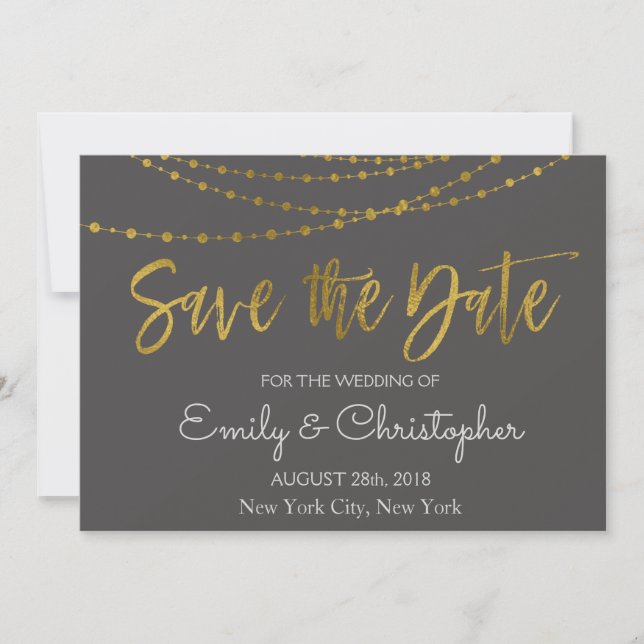 Save The Date Gold Foil String Lights et Script Enregistrer la d (Devant)