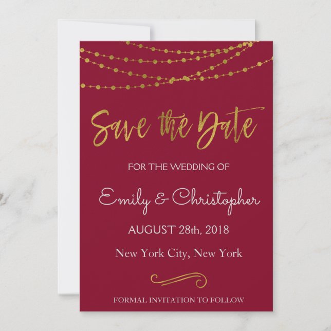 Save The Date Gold Foil String Lights et Script Enregistrer la d (Devant)