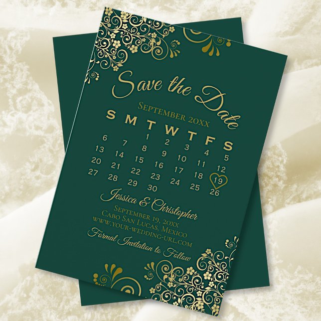 Save The Date Gold Frills Emerald Green Élégant Calendrier de ma (Créateur téléchargé)