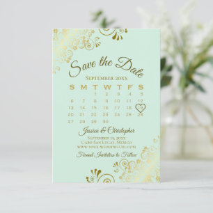Save The Date Gold Frills Neo Mint Green Chic Mariage Calendrier