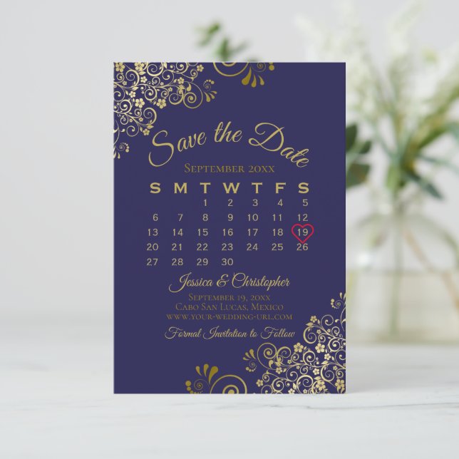 Save The Date Gold Frills on Navy Blue Elegant Wedding Calendar (Debout devant)