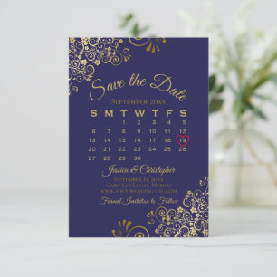 Save The Date Gold Frills on Navy Blue Elegant Wedding Calendar