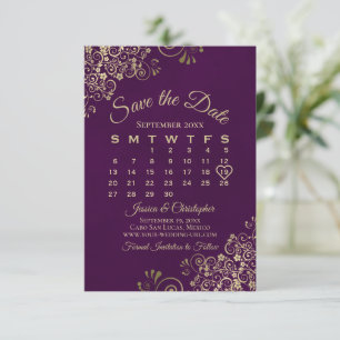 Save The Date Gold Frills Plum Purple Élégant Calendrier de mari