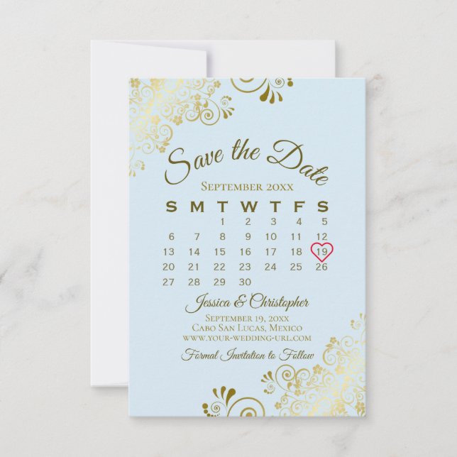Save The Date Gold Frills Powder Blue Chic Calendrier Mariage (Devant)