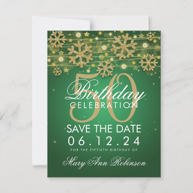 Save The Date Gold Green 50th Birthday Save Date Winter (Devant)