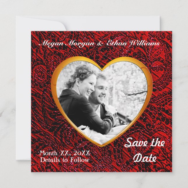 Save The Date Gold Heart Frame & Red Fabric Ajouter une photo (Devant)