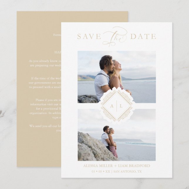 Save The Date Gold Initials Chic Ornament Sophisticated Wedding (Devant / Derrière)