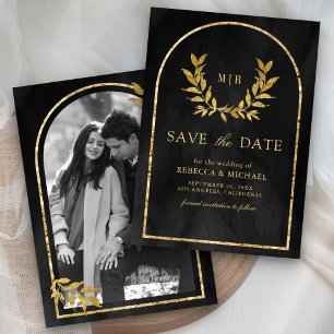 Save The Date Gold Laurel Wreath Feuille Mariage gris charbon