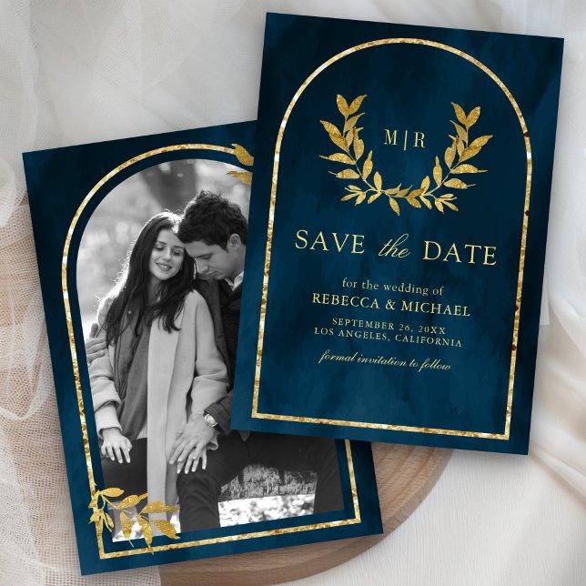 Save The Date Gold Laurel Wreath Feuille Océan Bleu Mariage (Créateur téléchargé)