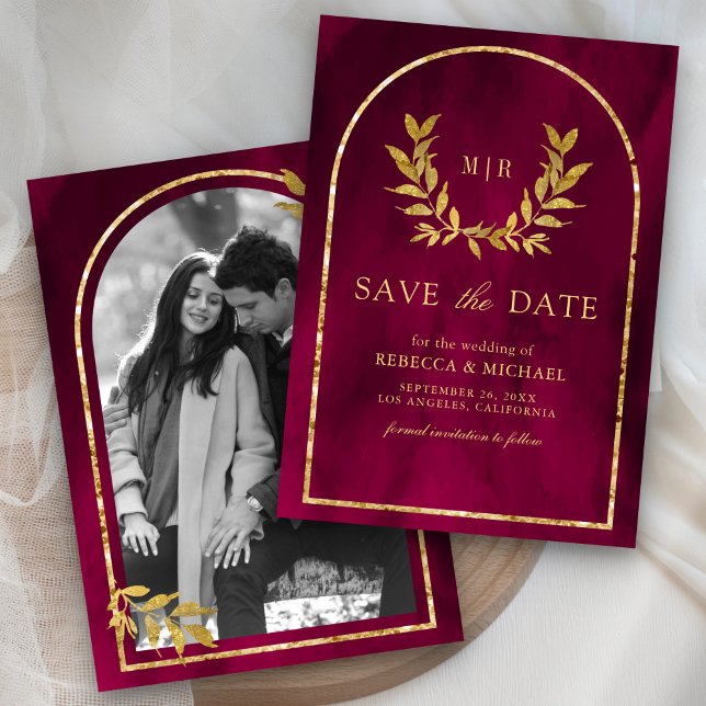 Save The Date Gold Laurel Wreath Feuilles Fuchsia Magenta Mariag (Créateur téléchargé)