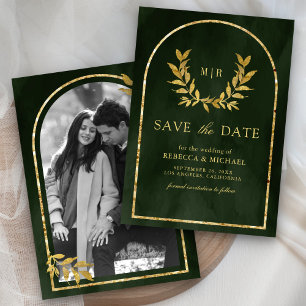 Save The Date Gold Laurel Wreath Feuilles Olive Green Mariage