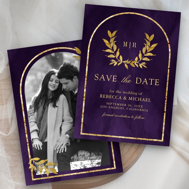 Save The Date Gold Laurel Wreath Feuilles Royal Purple Mariage (Créateur téléchargé)
