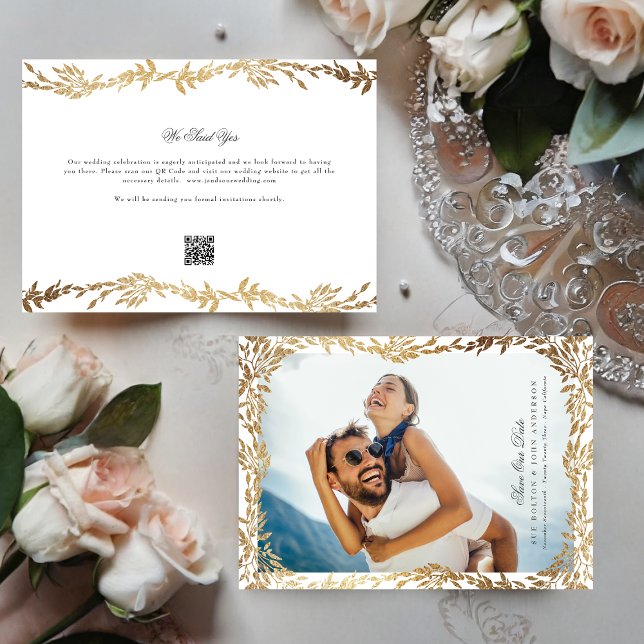 Save The Date Gold Leaf tissé cadre photo QR CODE Mariage (Créateur téléchargé)