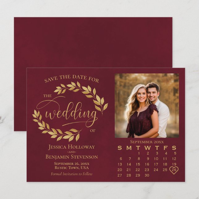 Save The Date Gold Leaves on Burgundy Photo & Calendar Wedding (Devant / Derrière)