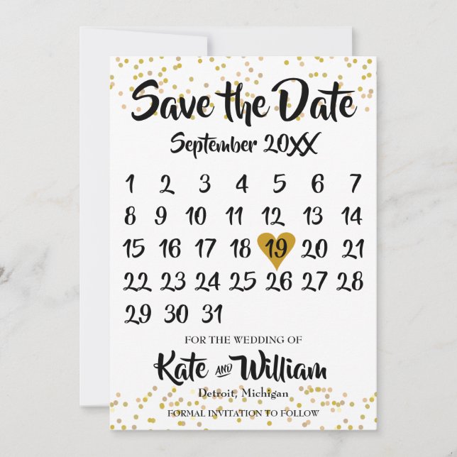 Save The Date Gold Love Heart Calendar Enregistrer la date (Devant)