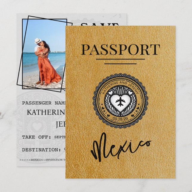 Save The Date Gold Mexico Passport Enregistrer La Date (Devant / Derrière)