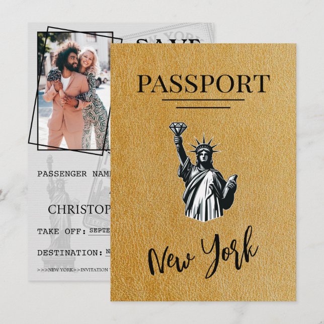 Save The Date Gold New York City Passport Enregistrer La Date (Devant / Derrière)