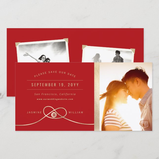 Save The Date Gold noeud double bonheur Mariage chinois Photo (Devant / Derrière)